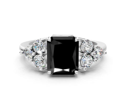 White gold Fancy Black Radiant Cut Brilliant Diamond Cluster Accent Solitaire Ring with Prong Setting