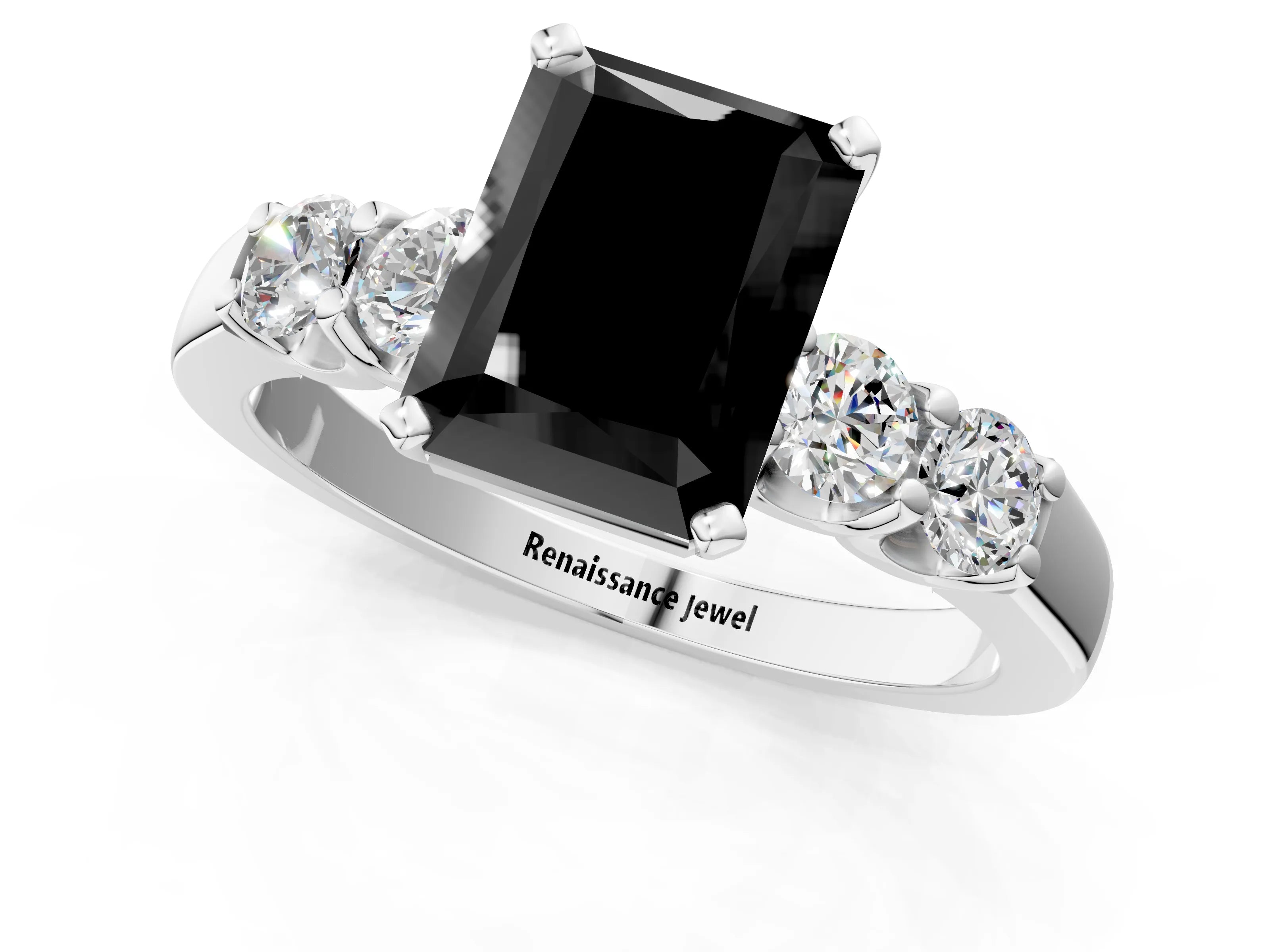 White gold Fancy Black Radiant Cut Brilliant Diamond Five-Stone Engagement Ring with Prong Setting on a Classic Band_4