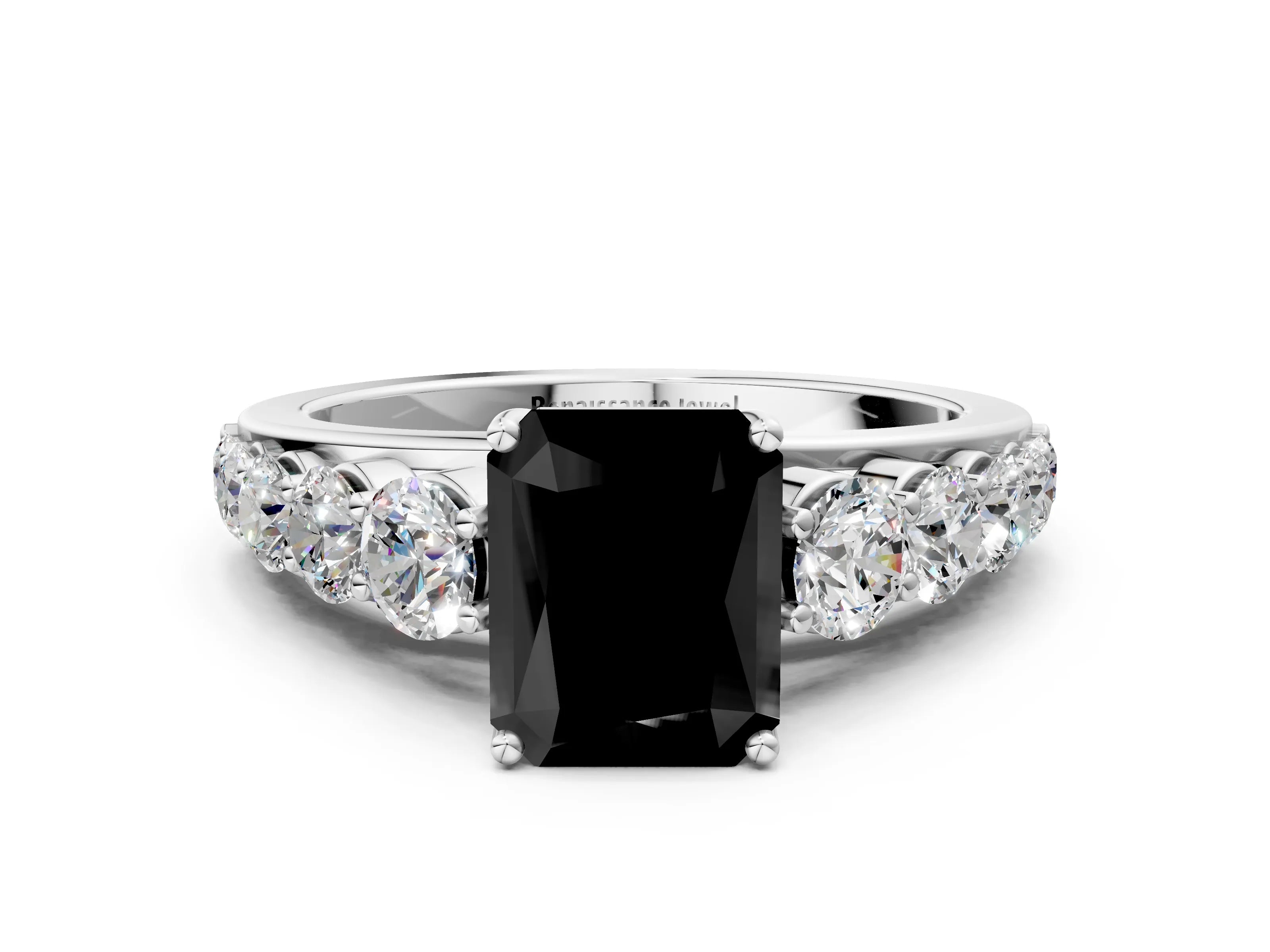 White gold Fancy Black Radiant Cut Brilliant Diamond Pavé Band with Six-Prong Setting