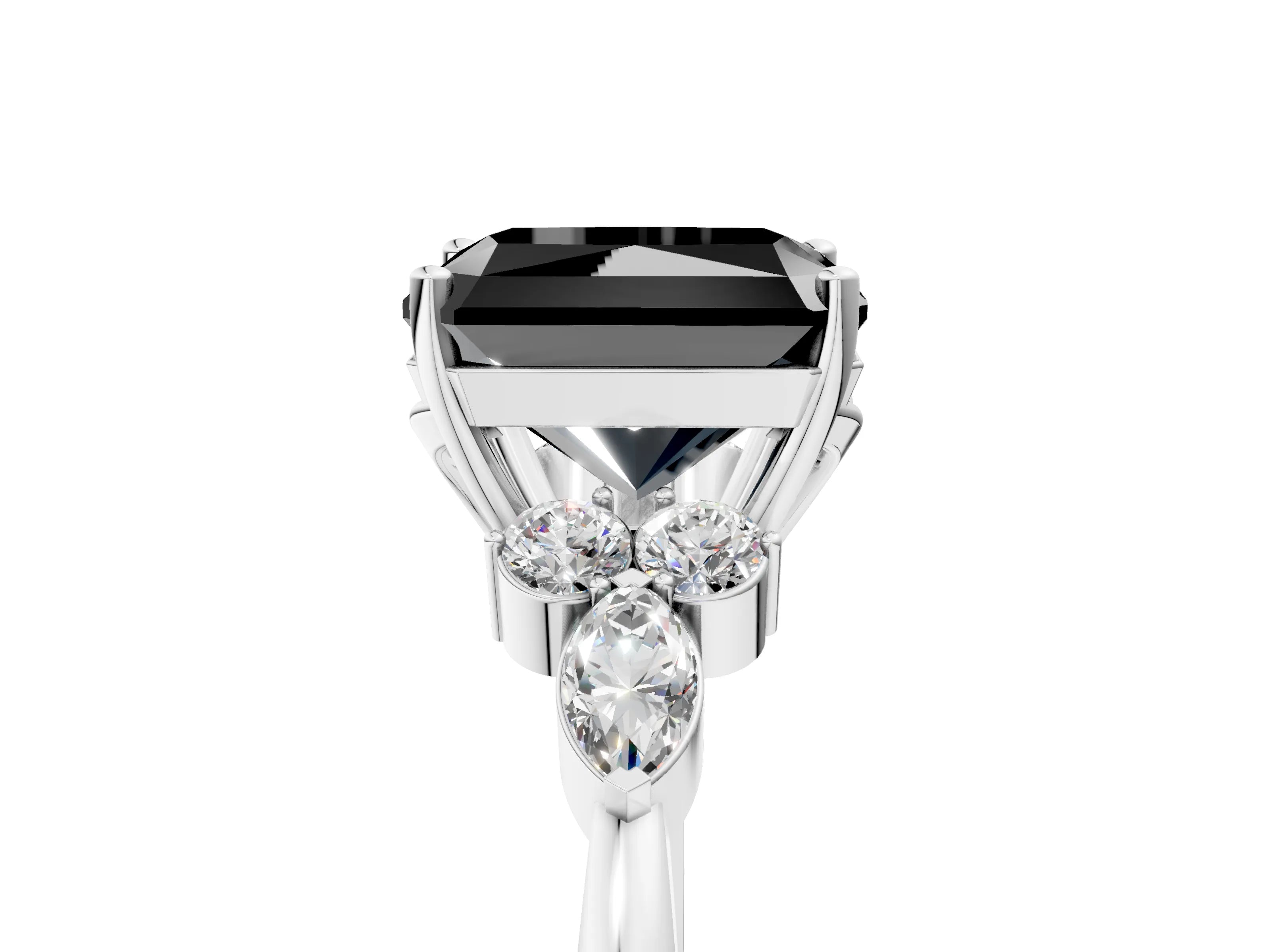White gold Fancy Black Radiant Cut Brilliant Diamond Solitaire Ring with Pear Side Stones and Four-Prong Setting_11