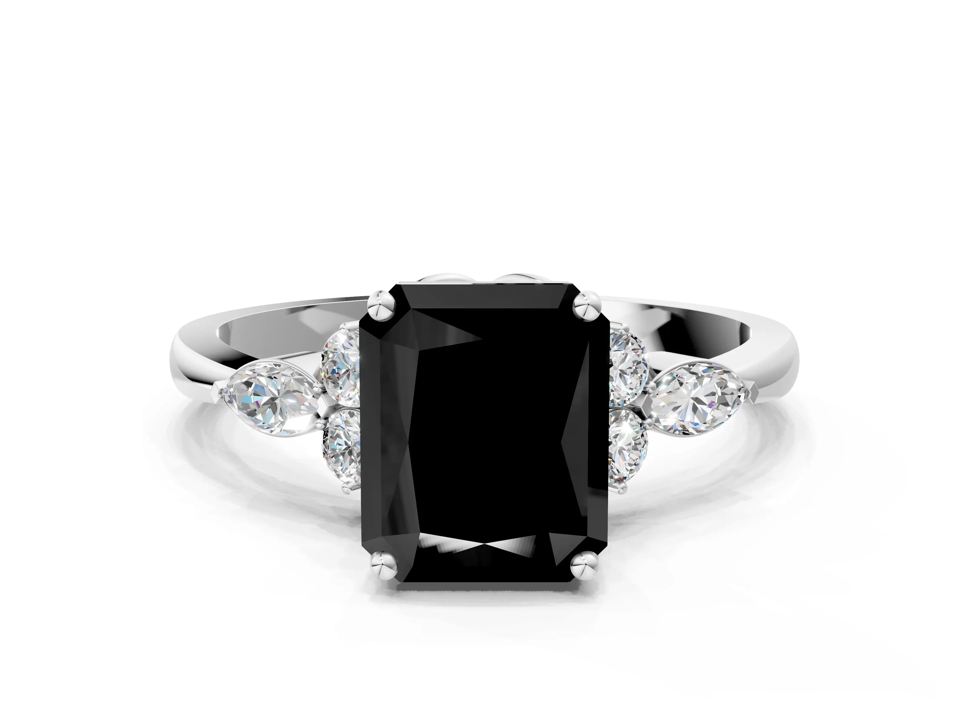 White gold Fancy Black Radiant Cut Brilliant Diamond Solitaire Ring with Pear Side Stones and Four-Prong Setting_6