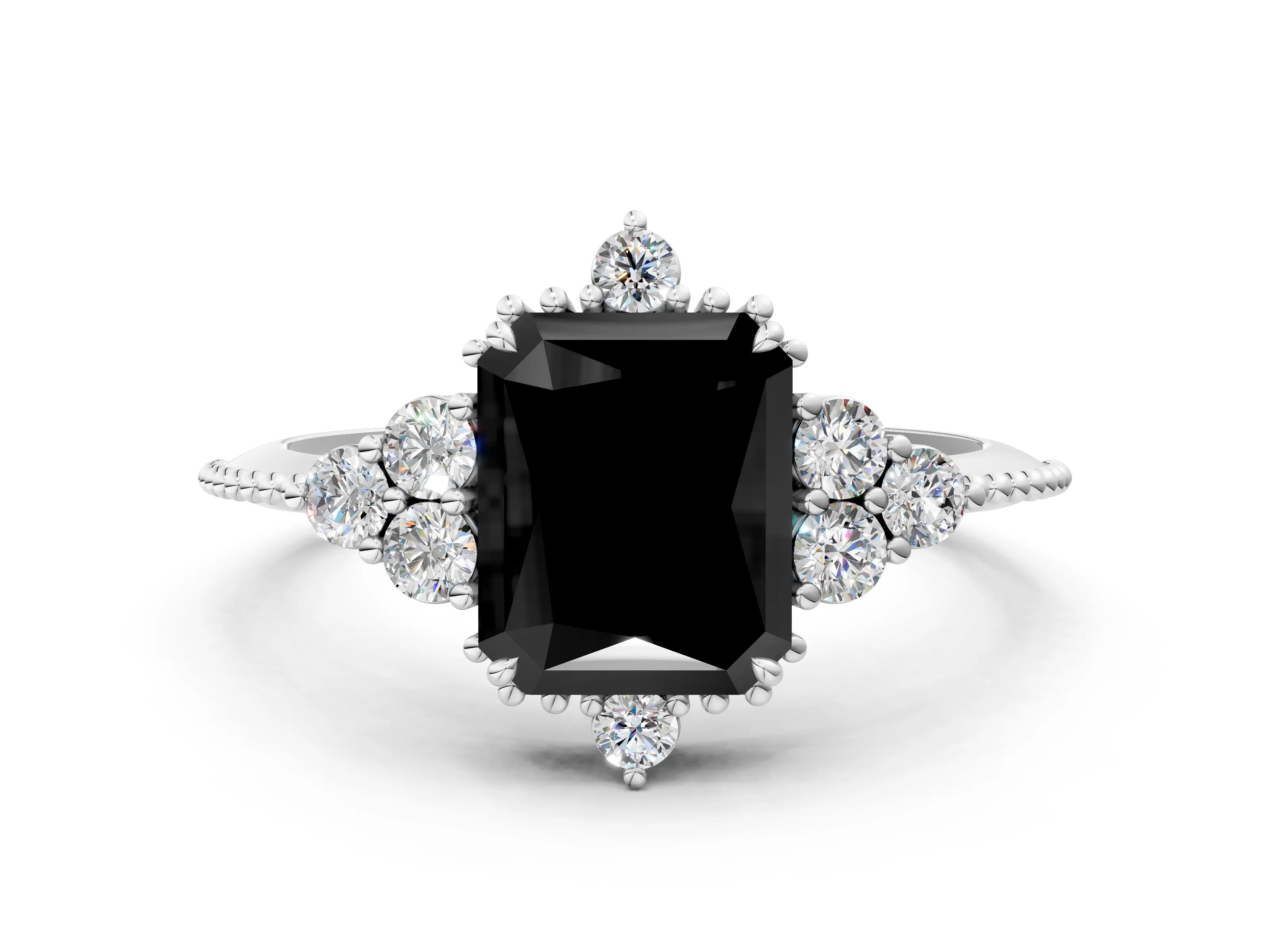 White gold Fancy Black Radiant Cut Brilliant Diamond with Cluster Setting on a Beaded Band and Four-Prong Setting
