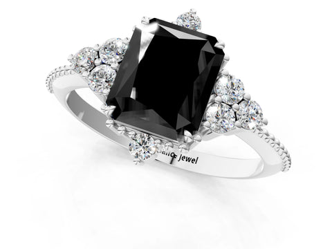 White gold Fancy Black Radiant Cut Brilliant Diamond with Cluster Setting on a Beaded Band and Four-Prong Setting_1