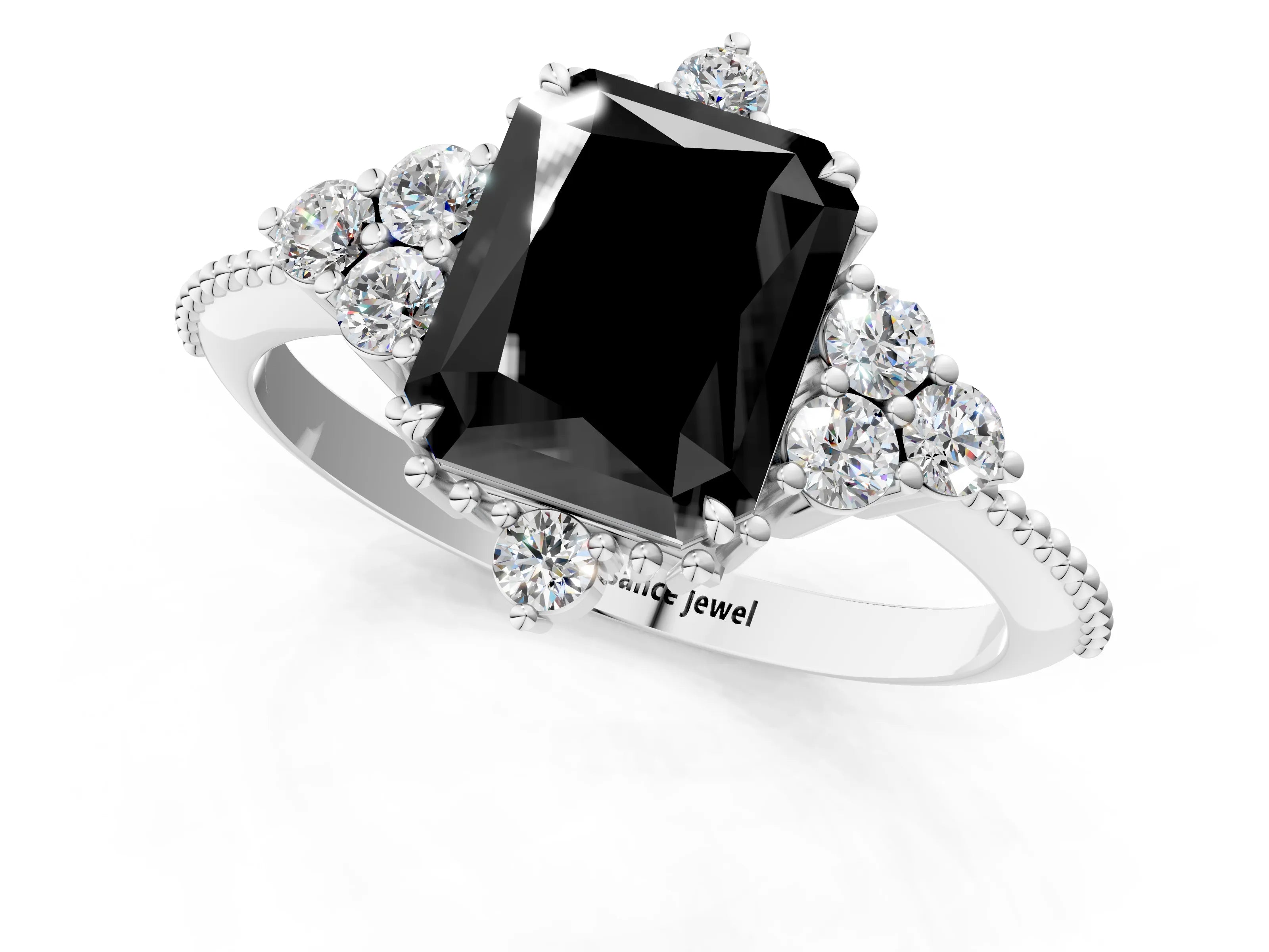 White gold Fancy Black Radiant Cut Brilliant Diamond with Cluster Setting on a Beaded Band and Four-Prong Setting_1