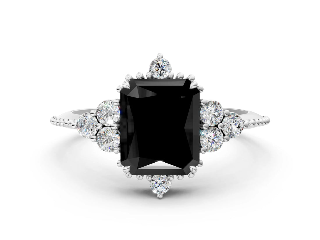 White gold Fancy Black Radiant Cut Brilliant Diamond with Cluster Setting on a Beaded Band and Four-Prong Setting_24