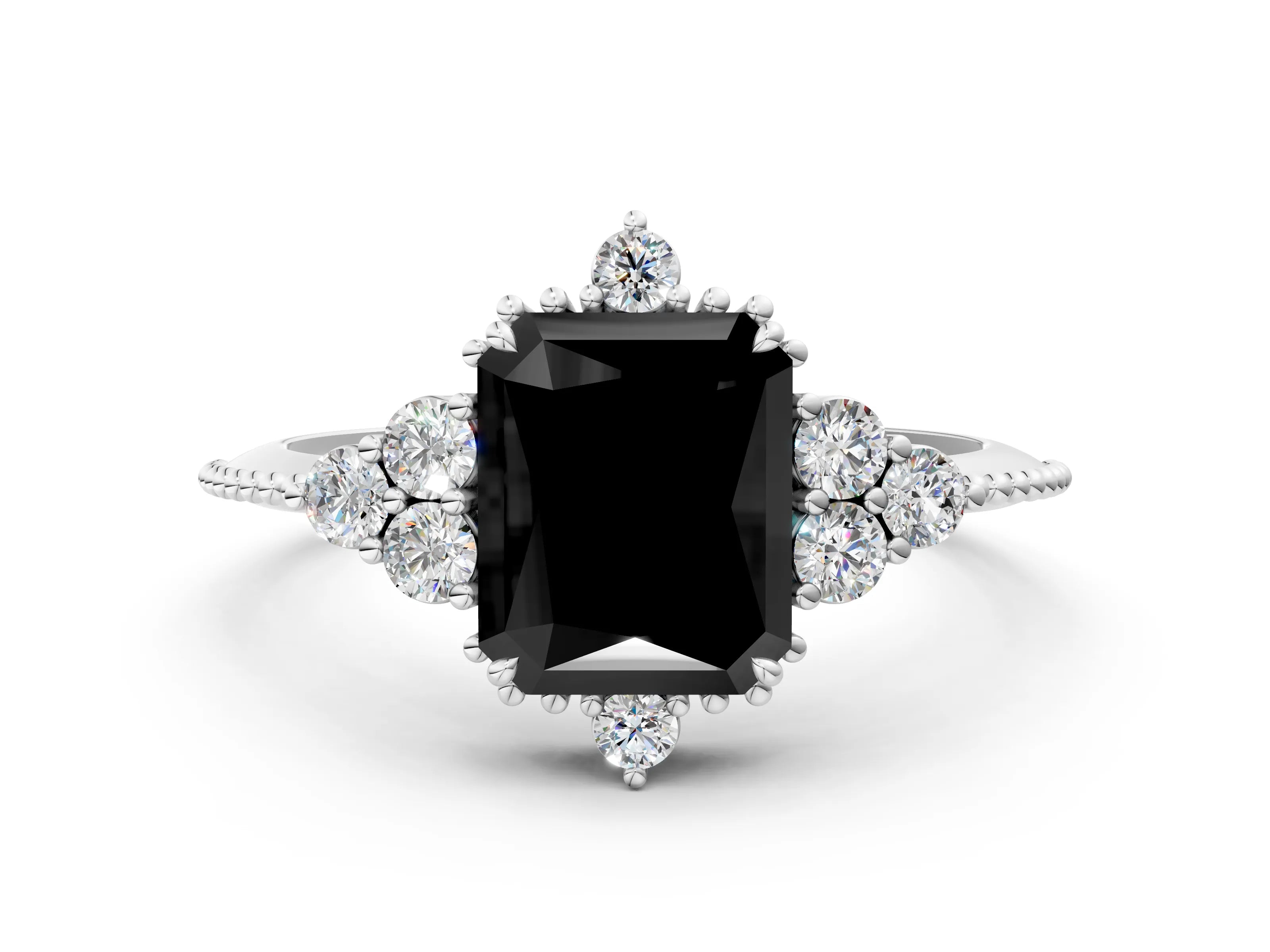 White gold Fancy Black Radiant Cut Brilliant Diamond with Cluster Setting on a Beaded Band and Four-Prong Setting_24