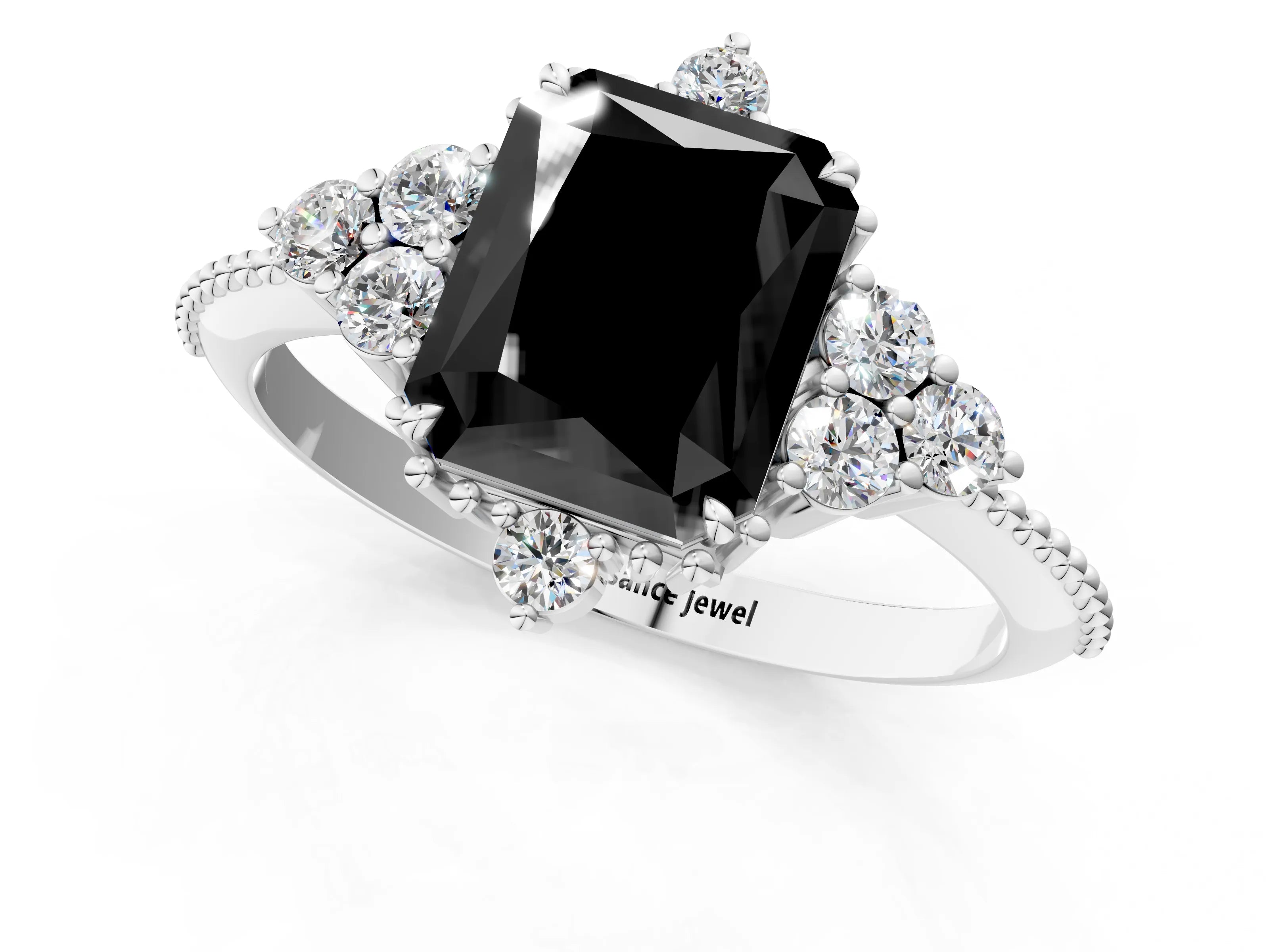 White gold Fancy Black Radiant Cut Brilliant Diamond with Cluster Setting on a Beaded Band and Four-Prong Setting_25