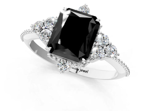 White gold Fancy Black Radiant Cut Brilliant Diamond with Cluster Setting on a Beaded Band and Four-Prong Setting_25