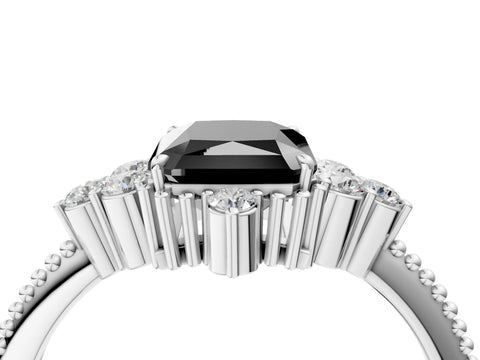 White gold Fancy Black Radiant Cut Brilliant Diamond with Cluster Setting on a Beaded Band and Four-Prong Setting_28