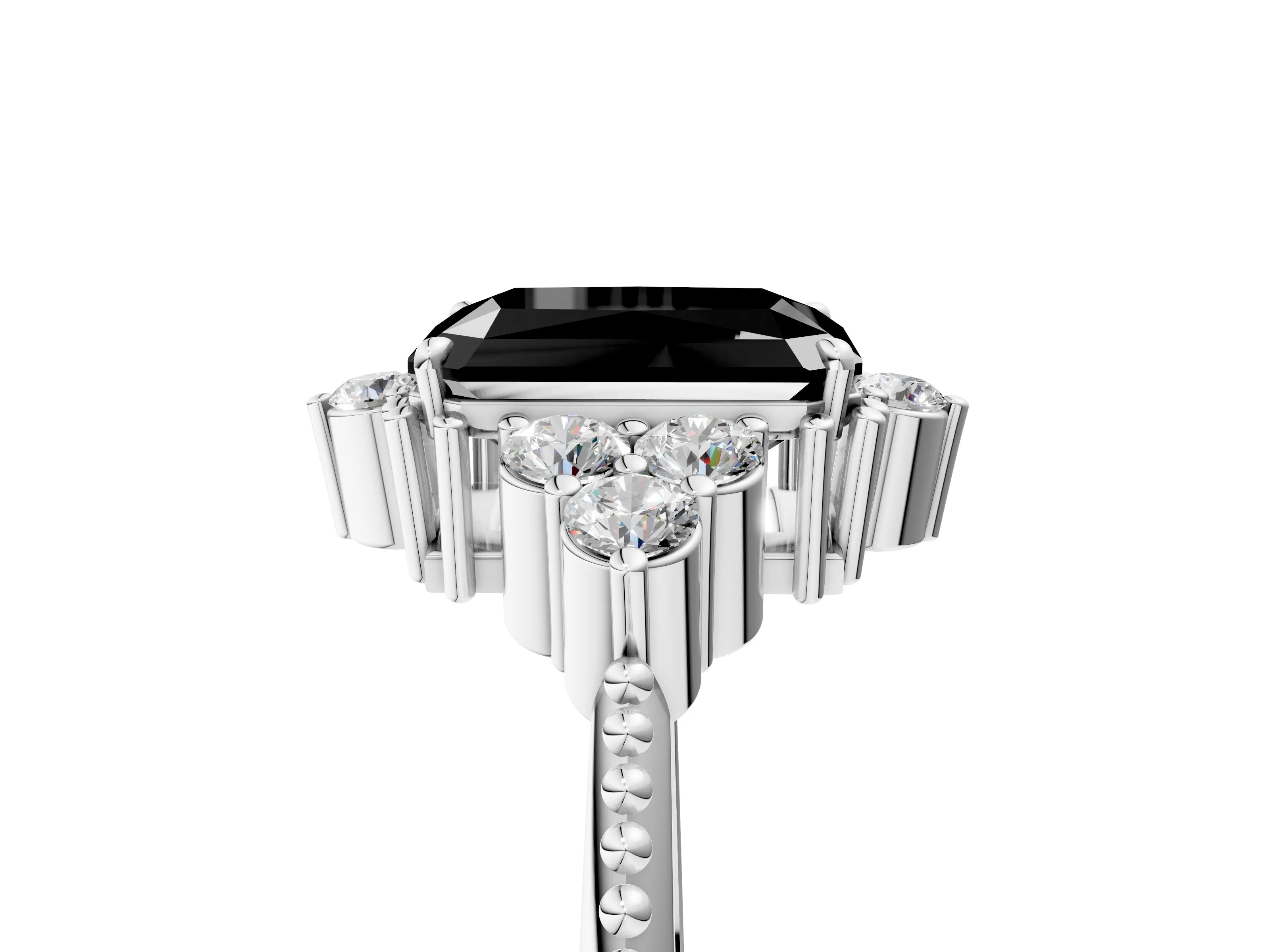 White gold Fancy Black Radiant Cut Brilliant Diamond with Cluster Setting on a Beaded Band and Four-Prong Setting_29