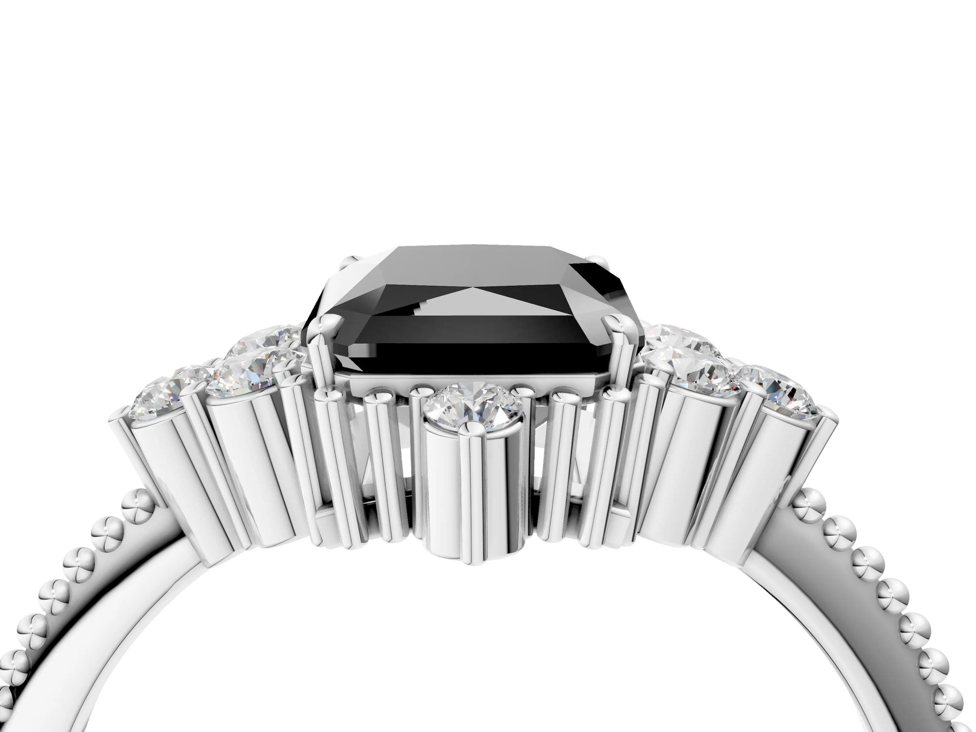 White gold Fancy Black Radiant Cut Brilliant Diamond with Cluster Setting on a Beaded Band and Four-Prong Setting_4