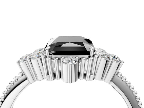 White gold Fancy Black Radiant Cut Brilliant Diamond with Cluster Setting on a Beaded Band and Four-Prong Setting_4