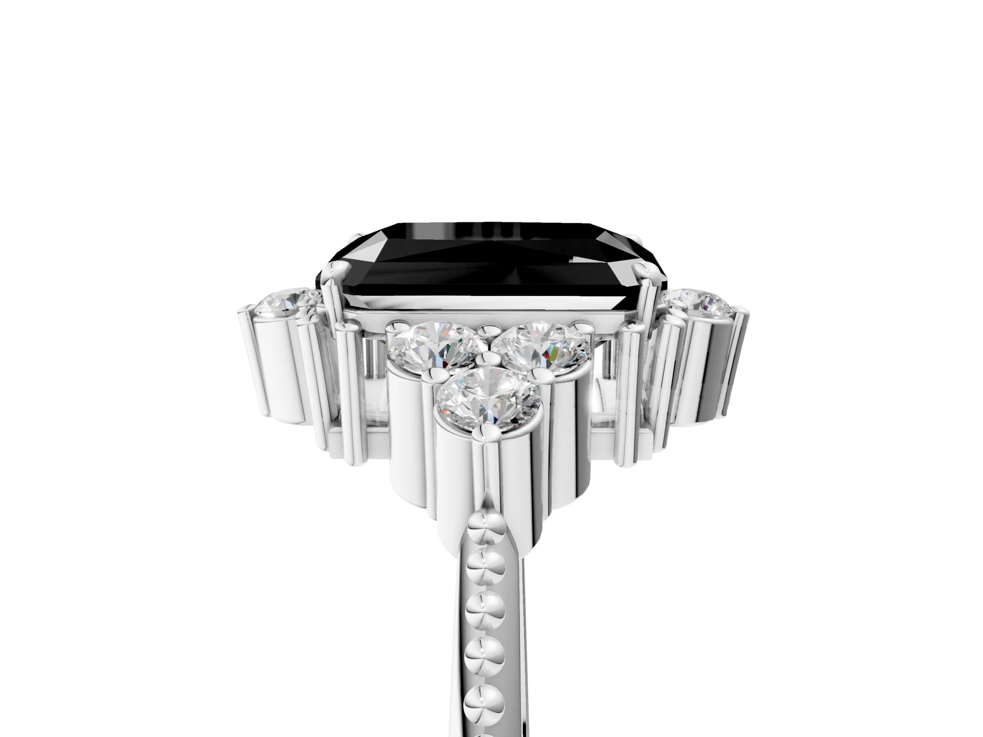 White gold Fancy Black Radiant Cut Brilliant Diamond with Cluster Setting on a Beaded Band and Four-Prong Setting_5