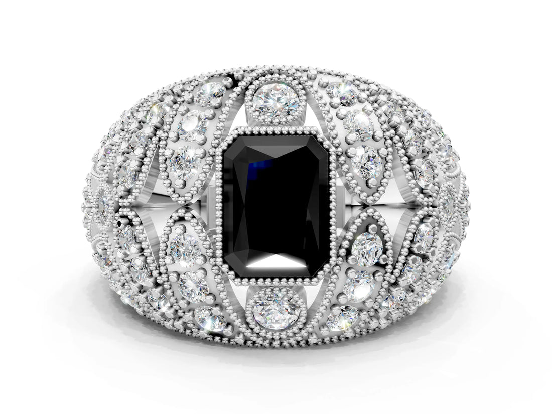White gold Fancy Black Radiant Cut Brilliant Halo Pave Diamond Milgrain Ring