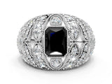 White gold Fancy Black Radiant Cut Brilliant Halo Pave Diamond Milgrain Ring