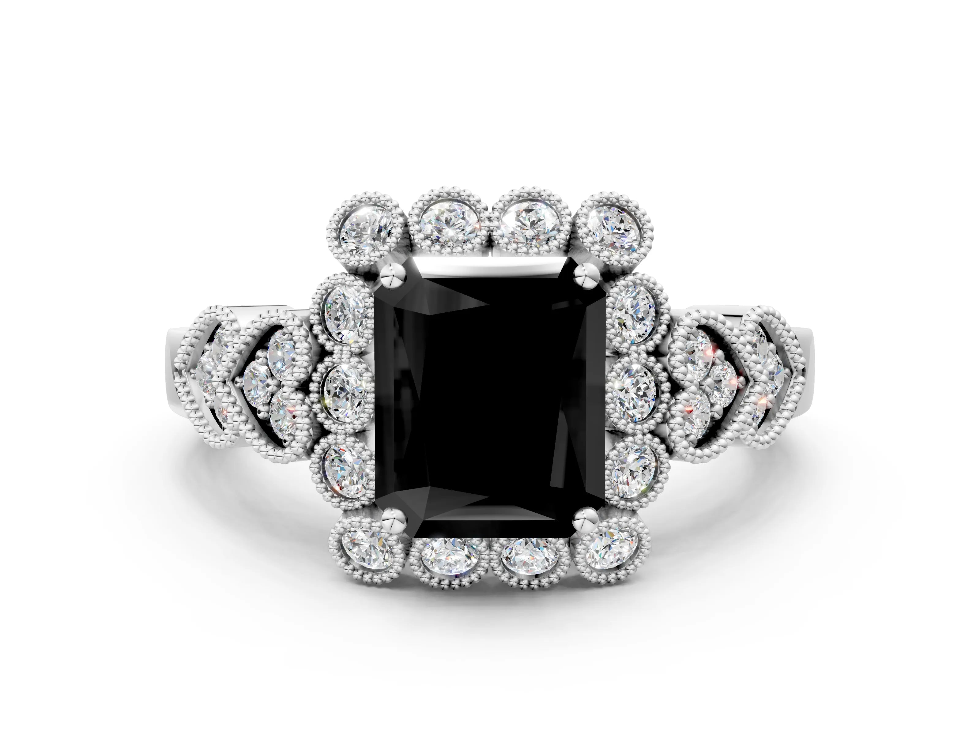 White gold Fancy Black Radiant Cut Brilliant Milgrain Pave Heart Band Solitaire Ring