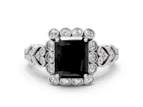 White gold Fancy Black Radiant Cut Brilliant Milgrain Pave Heart Band Solitaire Ring_12