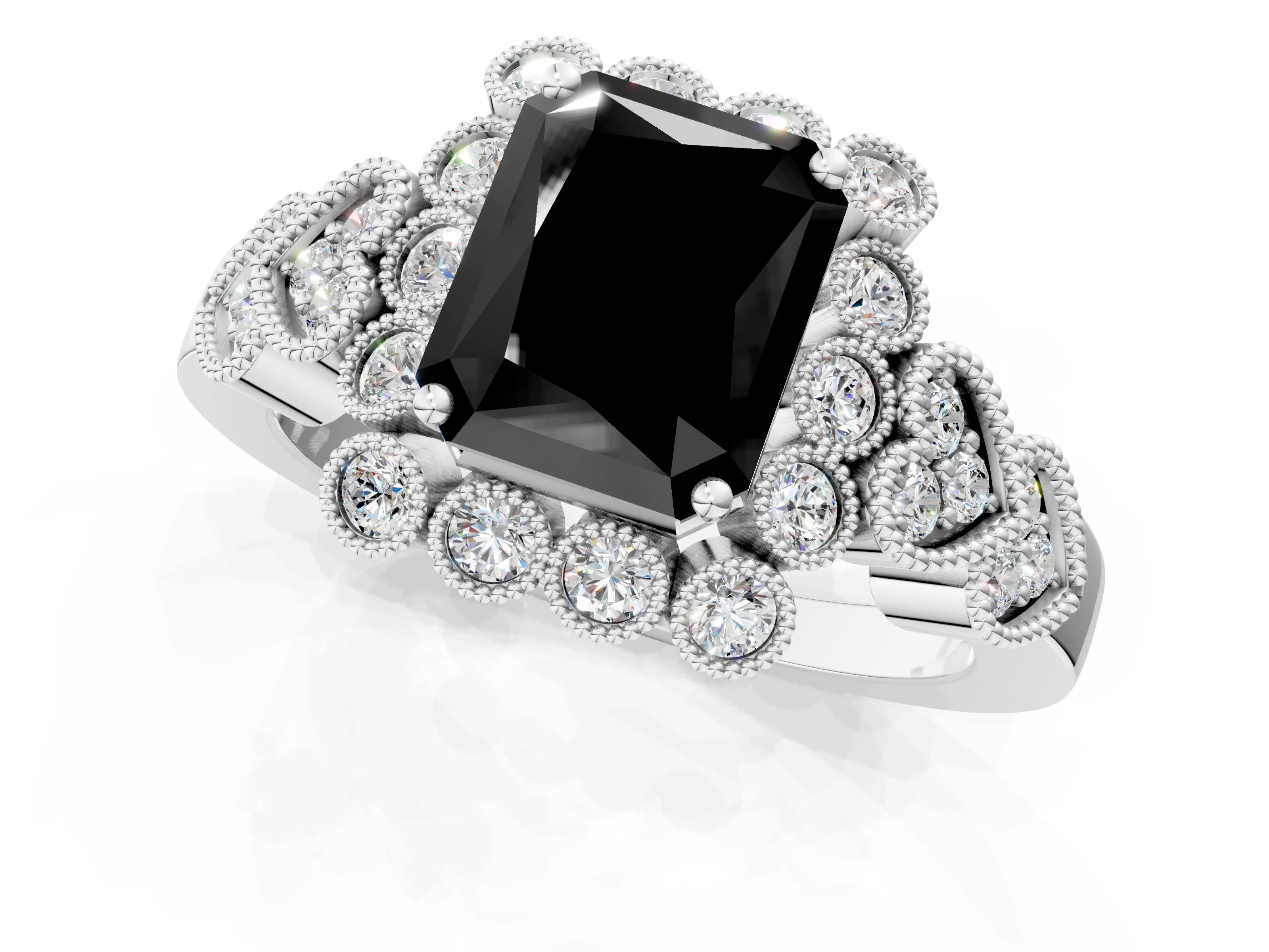 White gold Fancy Black Radiant Cut Brilliant Milgrain Pave Heart Band Solitaire Ring_1