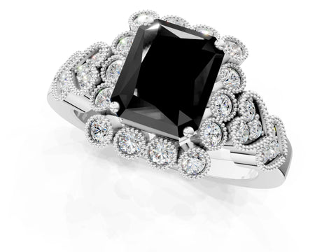 White gold Fancy Black Radiant Cut Brilliant Milgrain Pave Heart Band Solitaire Ring_1
