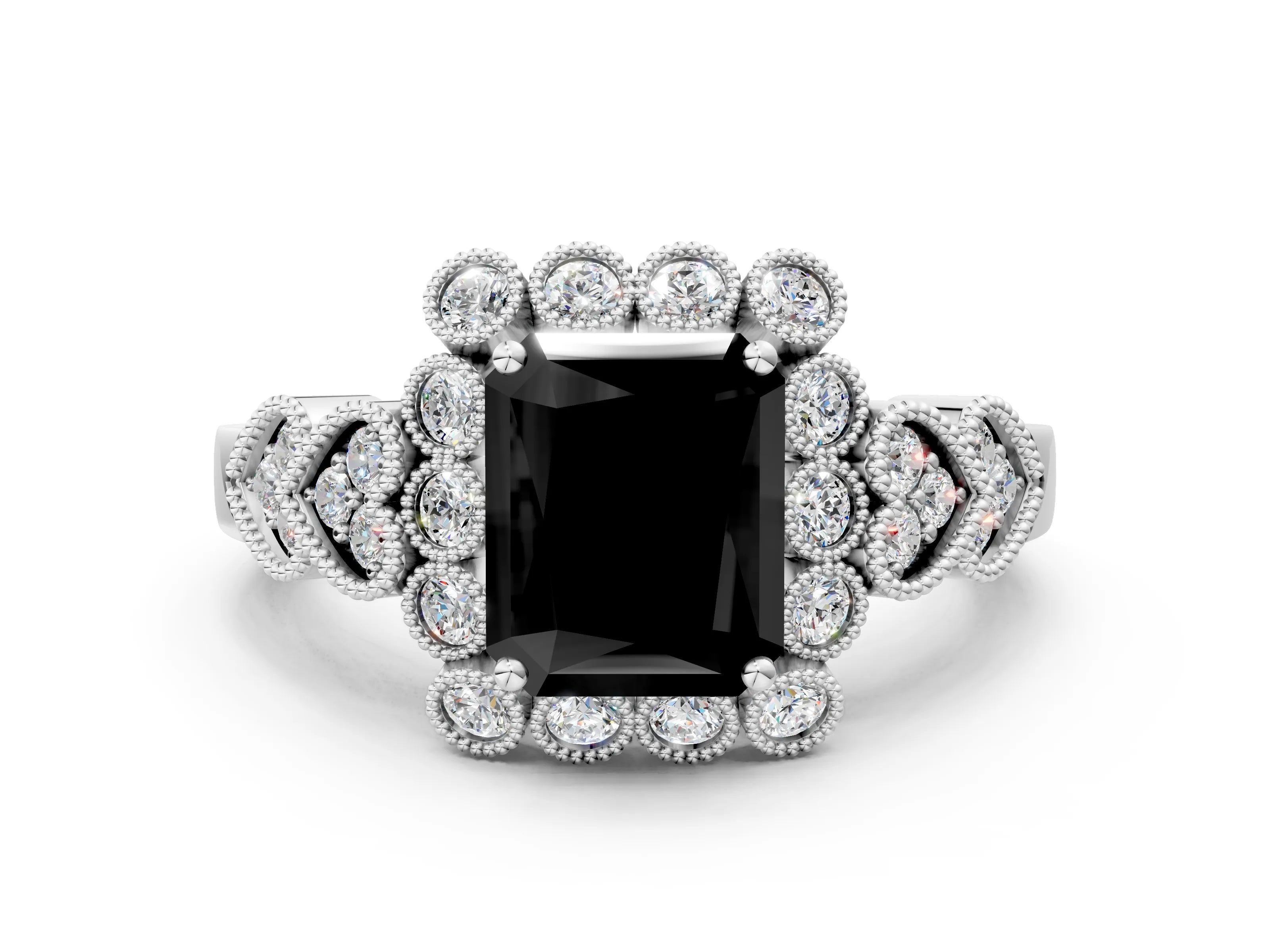White gold Fancy Black Radiant Cut Brilliant Milgrain Pave Heart Band Solitaire Ring_24