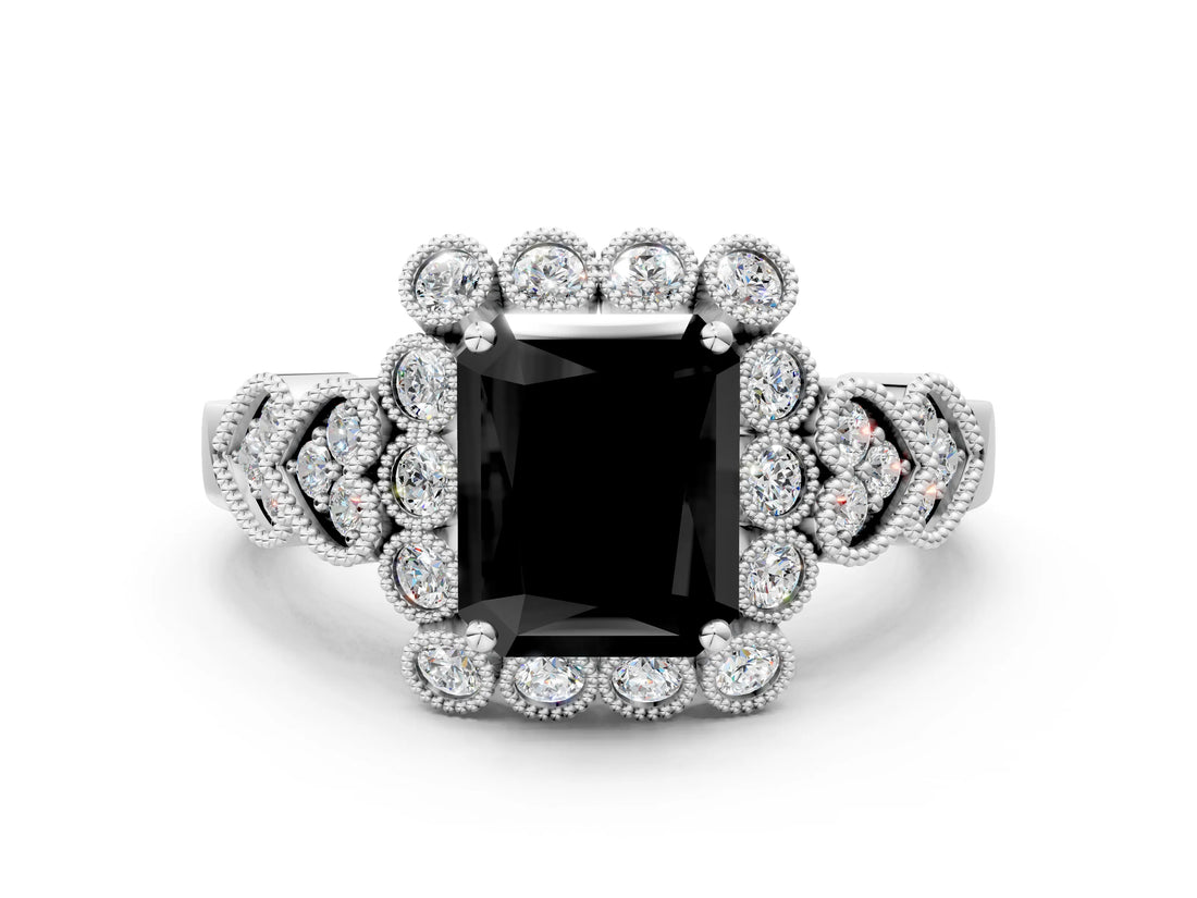 White gold Fancy Black Radiant Cut Brilliant Milgrain Pave Heart Band Solitaire Ring_24