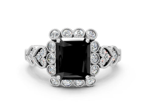 White gold Fancy Black Radiant Cut Brilliant Milgrain Pave Heart Band Solitaire Ring_24