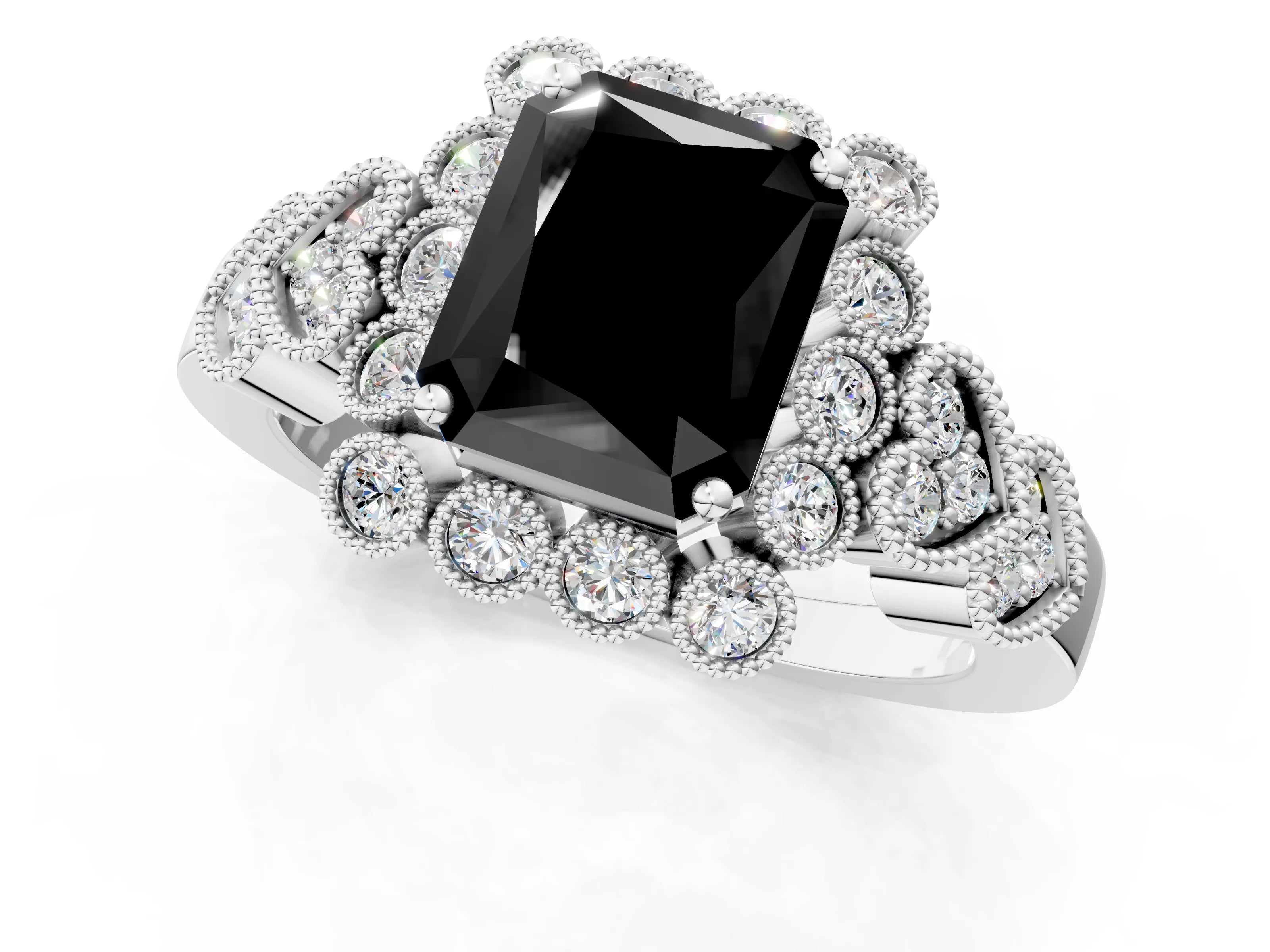White gold Fancy Black Radiant Cut Brilliant Milgrain Pave Heart Band Solitaire Ring_25