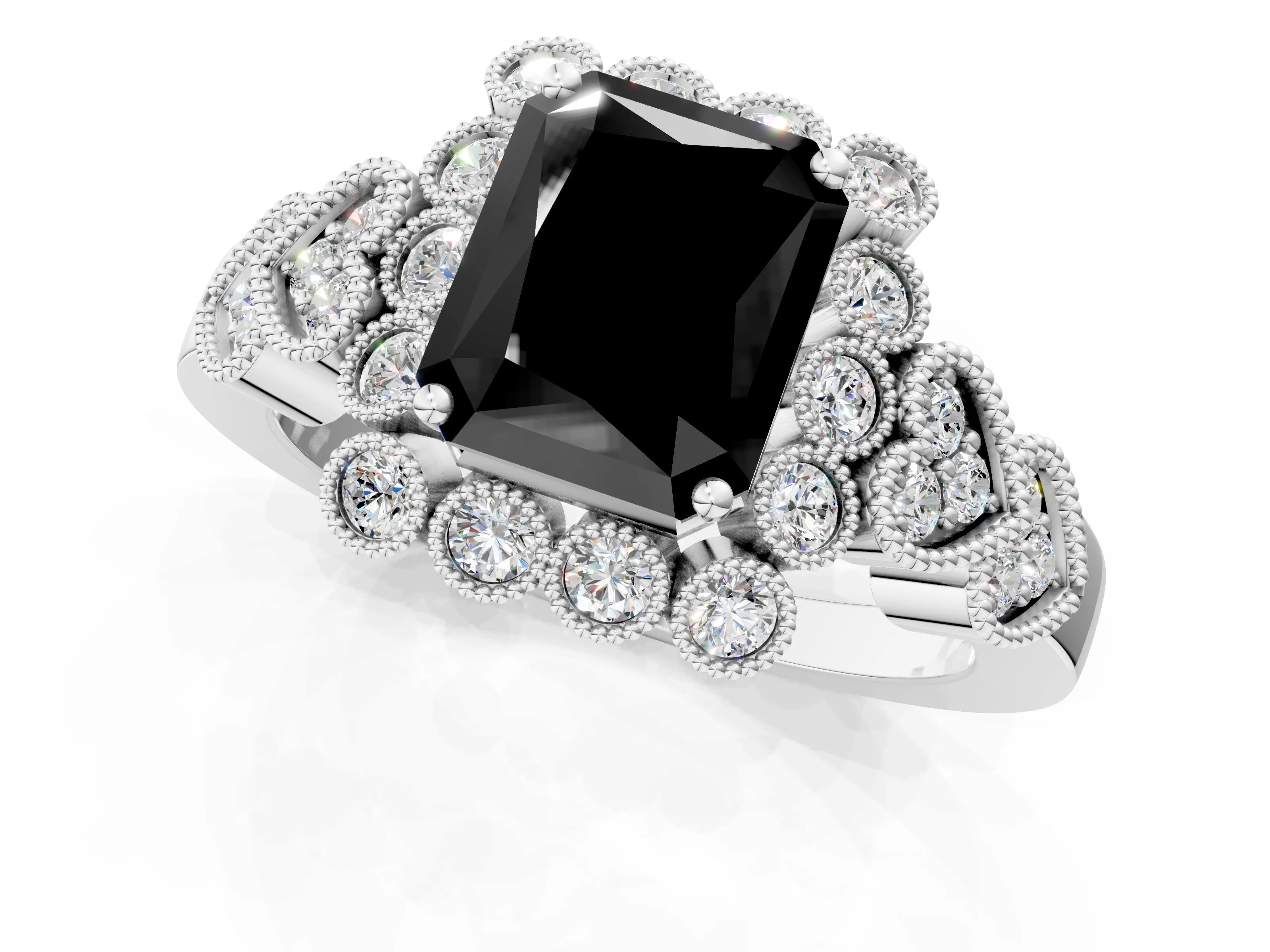 White gold Fancy Black Radiant Cut Brilliant Milgrain Pave Heart Band Solitaire Ring_37
