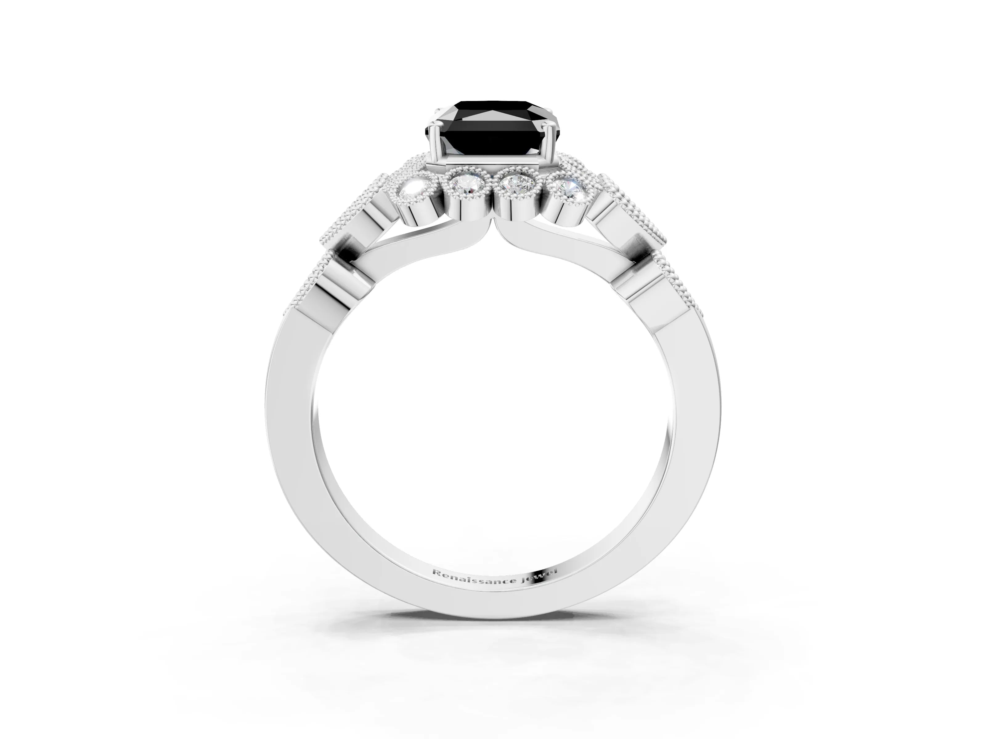 White gold Fancy Black Radiant Cut Brilliant Milgrain Pave Heart Band Solitaire Ring_38