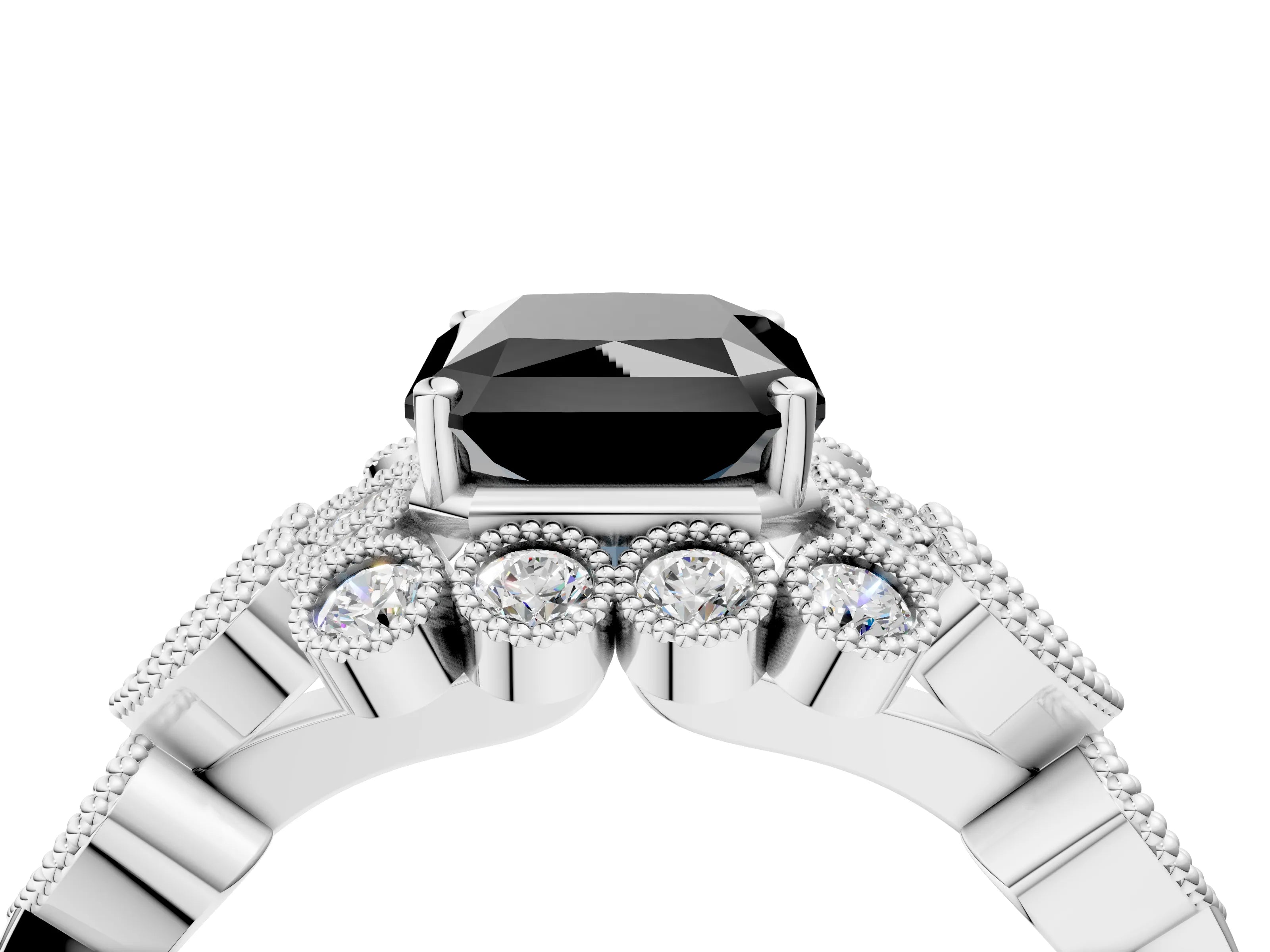 White gold Fancy Black Radiant Cut Brilliant Milgrain Pave Heart Band Solitaire Ring_4