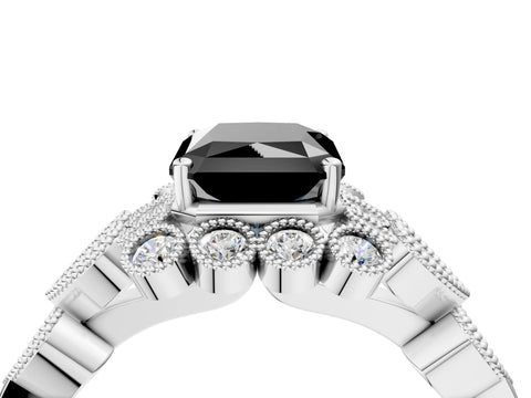 White gold Fancy Black Radiant Cut Brilliant Milgrain Pave Heart Band Solitaire Ring_4