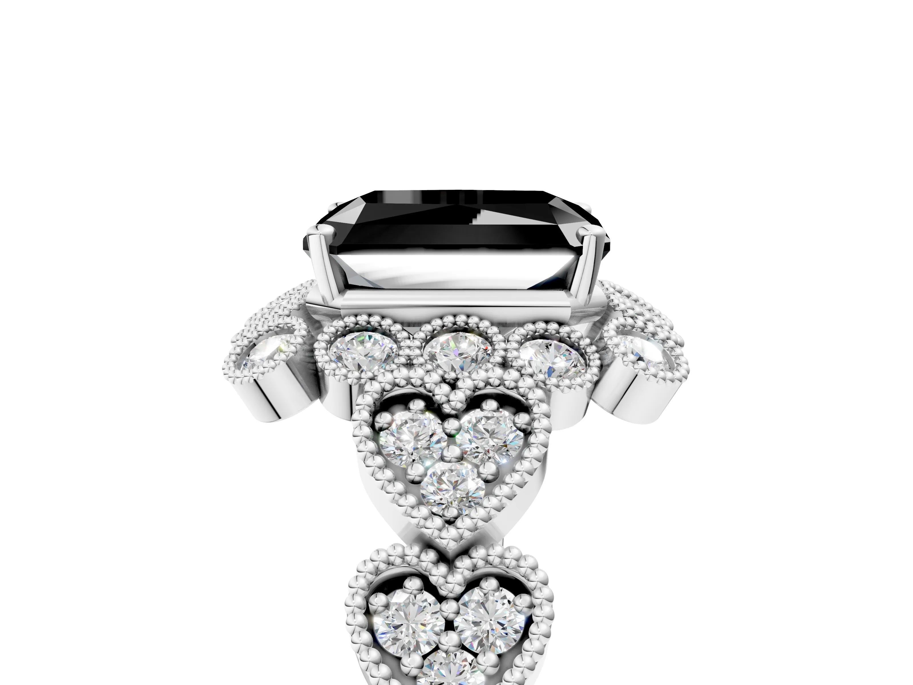 White gold Fancy Black Radiant Cut Brilliant Milgrain Pave Heart Band Solitaire Ring_5