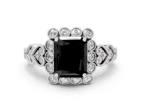 White gold Fancy Black Radiant Cut Brilliant Milgrain Pave Heart Band Solitaire Ring