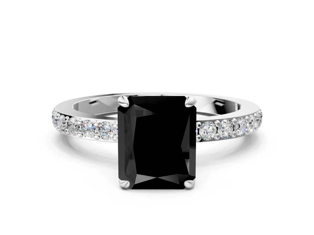 White gold Fancy Black Radiant Cut Brilliant Pavé Band Solitaire with Four-Prong Setting