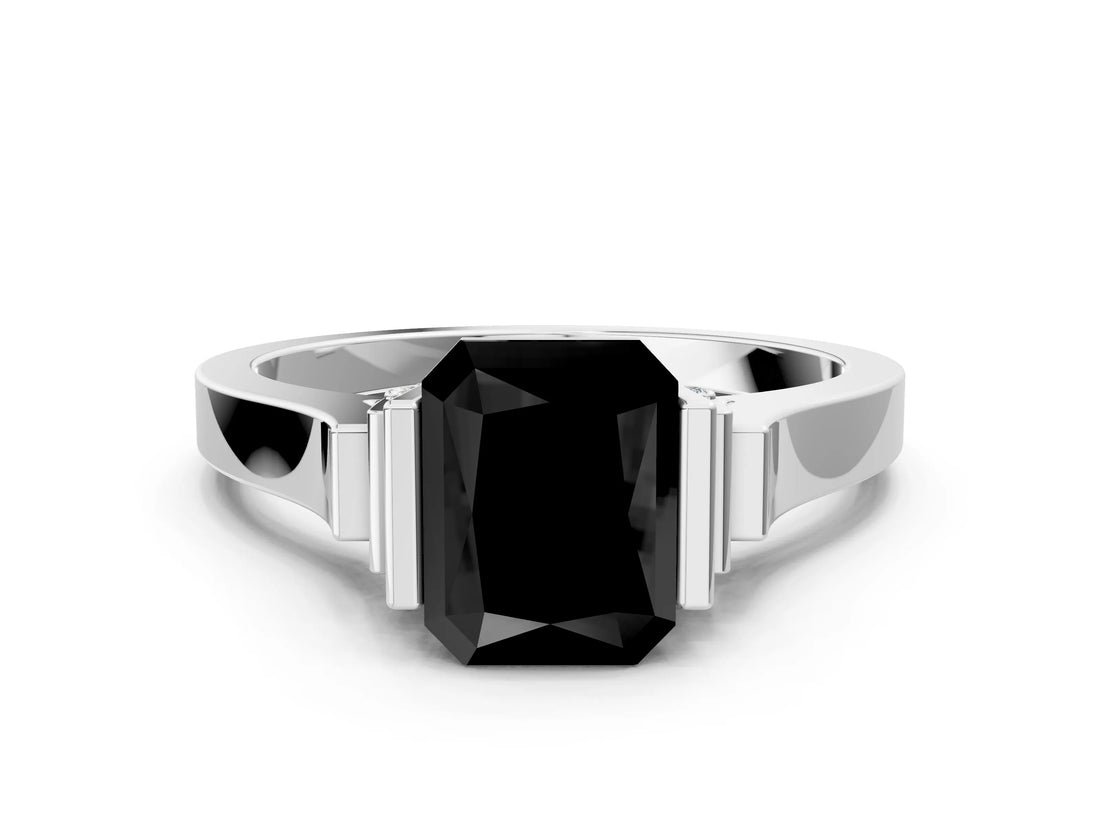 White gold Fancy Black Radiant Cut Brilliant Solitaire Diamond Ring with Channel Set Band and Bar Prong Setting