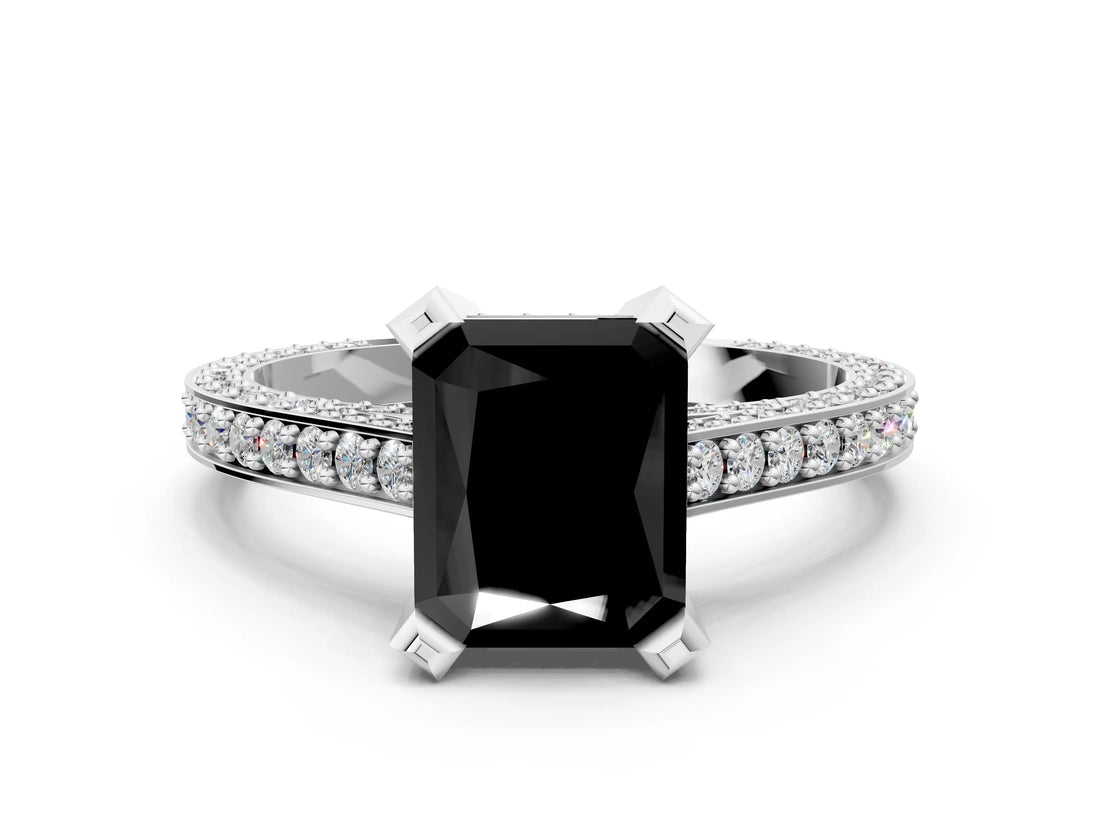 White gold Fancy Black Radiant Cut Brilliant Split Shank Pave Solitaire Ring with Four-Prong Setting