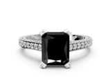 White gold Fancy Black Radiant Cut Brilliant Split Shank Pave Solitaire Ring with Four-Prong Setting