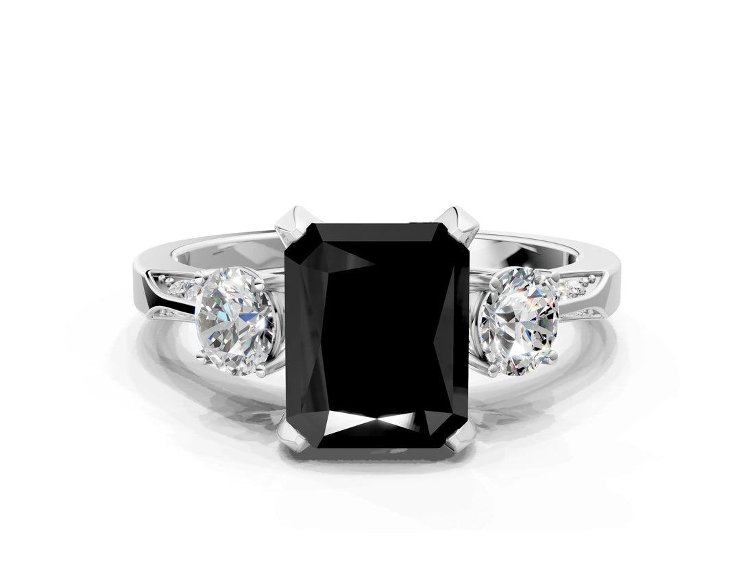 White gold Fancy Black Radiant Cut Brilliant Three-Stone Diamond Ring with Pavé Band and Four-Prong Setting_43
