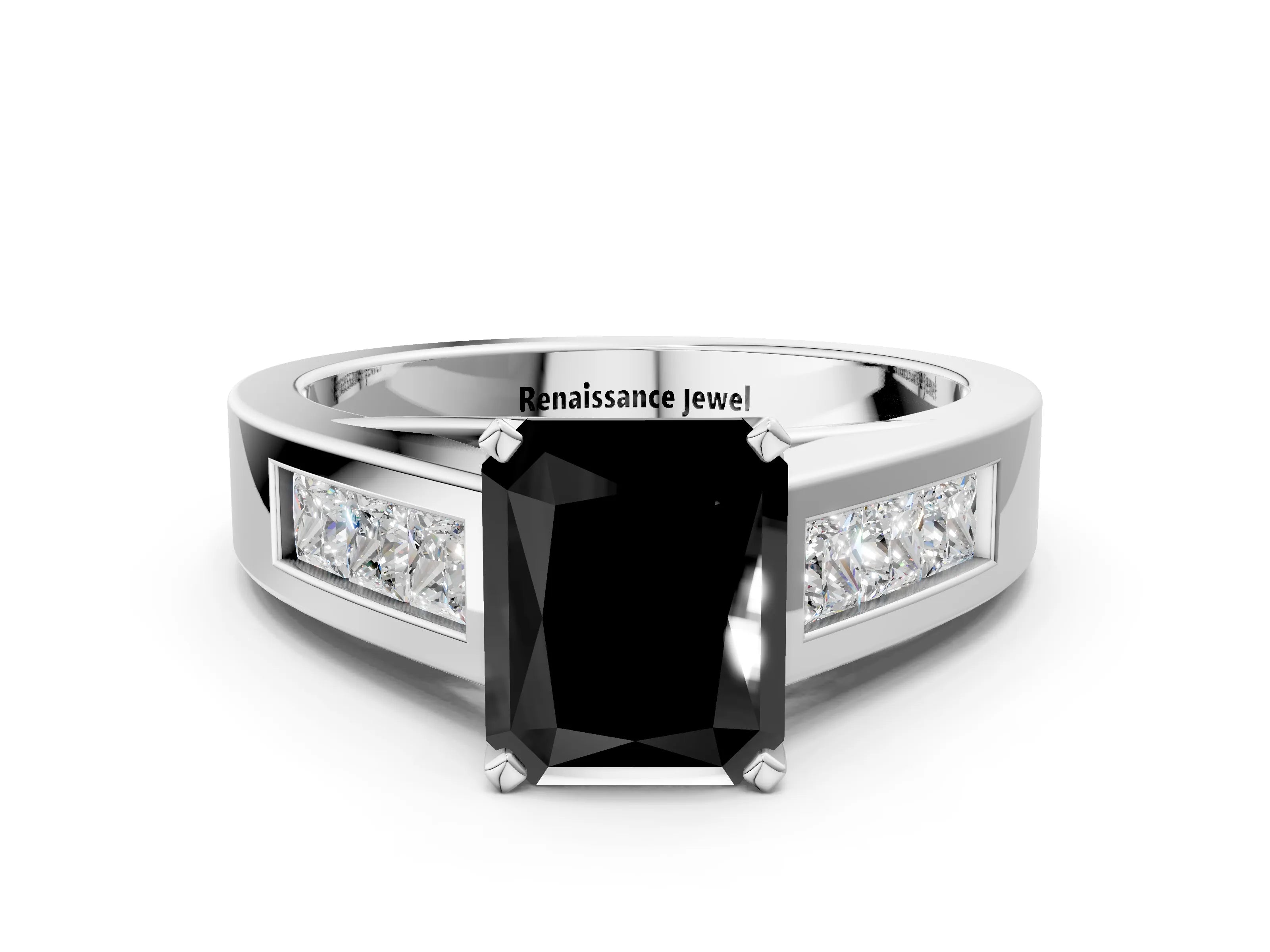 White gold Fancy Black Radiant Cut Cut Channel Set Solitaire Ring with Four-Prong Setting