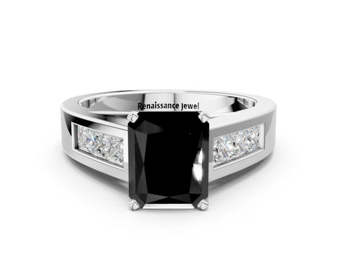 White gold Fancy Black Radiant Cut Cut Channel Set Solitaire Ring with Four-Prong Setting