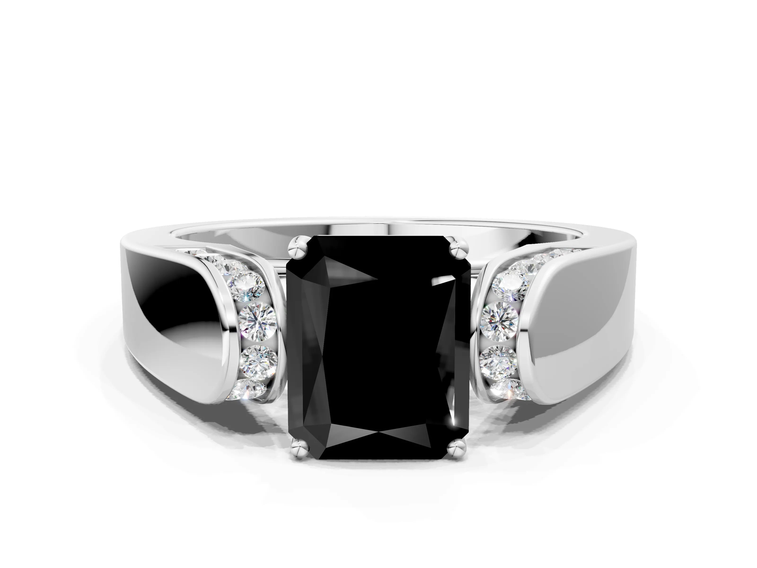 White gold Fancy Black Radiant Cut Cut Diamond Channel Set Solitaire Ring with Four-Prong Setting