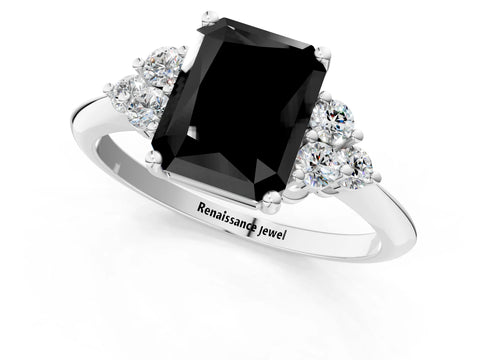 White gold Fancy Black Radiant Cut Cut Diamond Cluster Ring with Solitaire Band and Four-Prong Setting_1