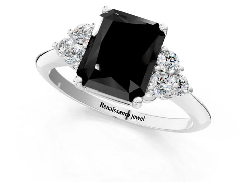White gold Fancy Black Radiant Cut Cut Diamond Cluster Ring with Solitaire Band and Four-Prong Setting_49