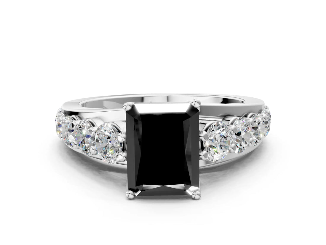 White gold Fancy Black Radiant Cut Cut Diamond Engagement Ring with Pavé Band and Four-Prong Setting