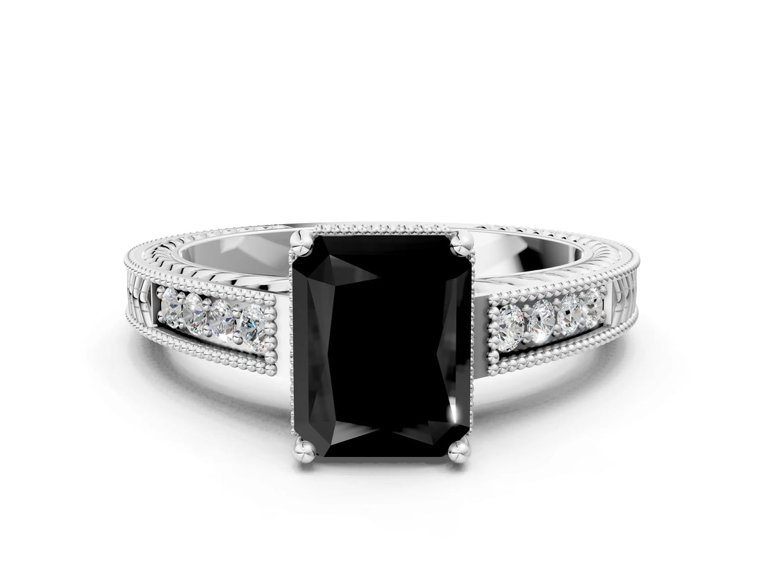 White gold Fancy Black Radiant Cut Cut Diamond Milgrain Pave Band Four-Prong Setting Ring_21