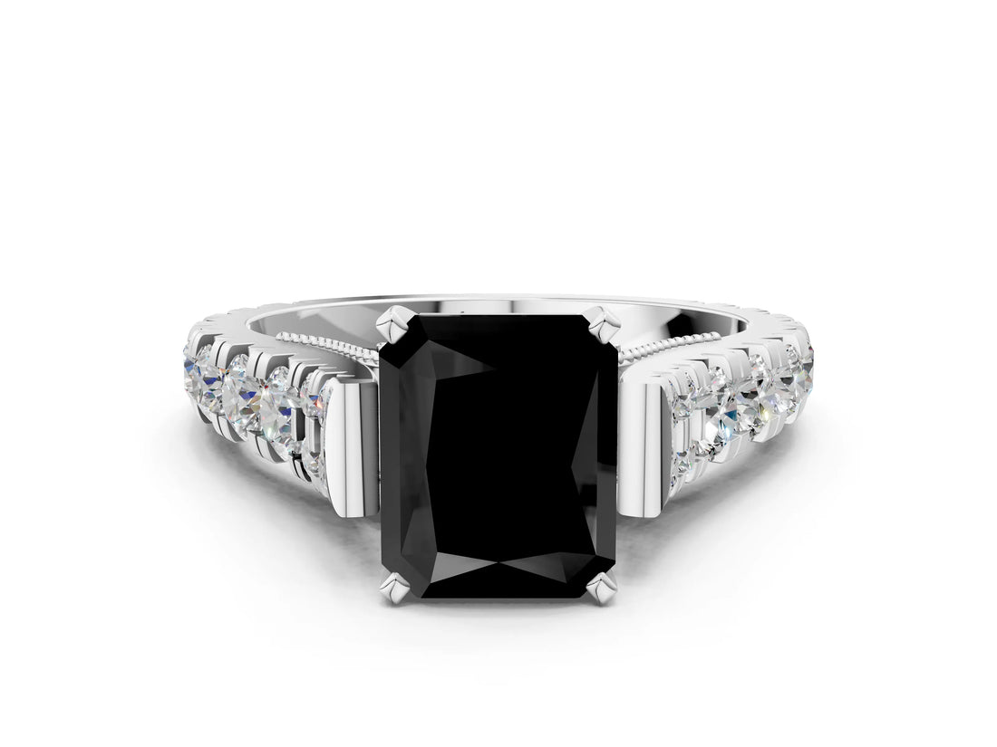 White gold Fancy Black Radiant Cut Cut Diamond Pavé Band Solitaire with Four-Prong Setting