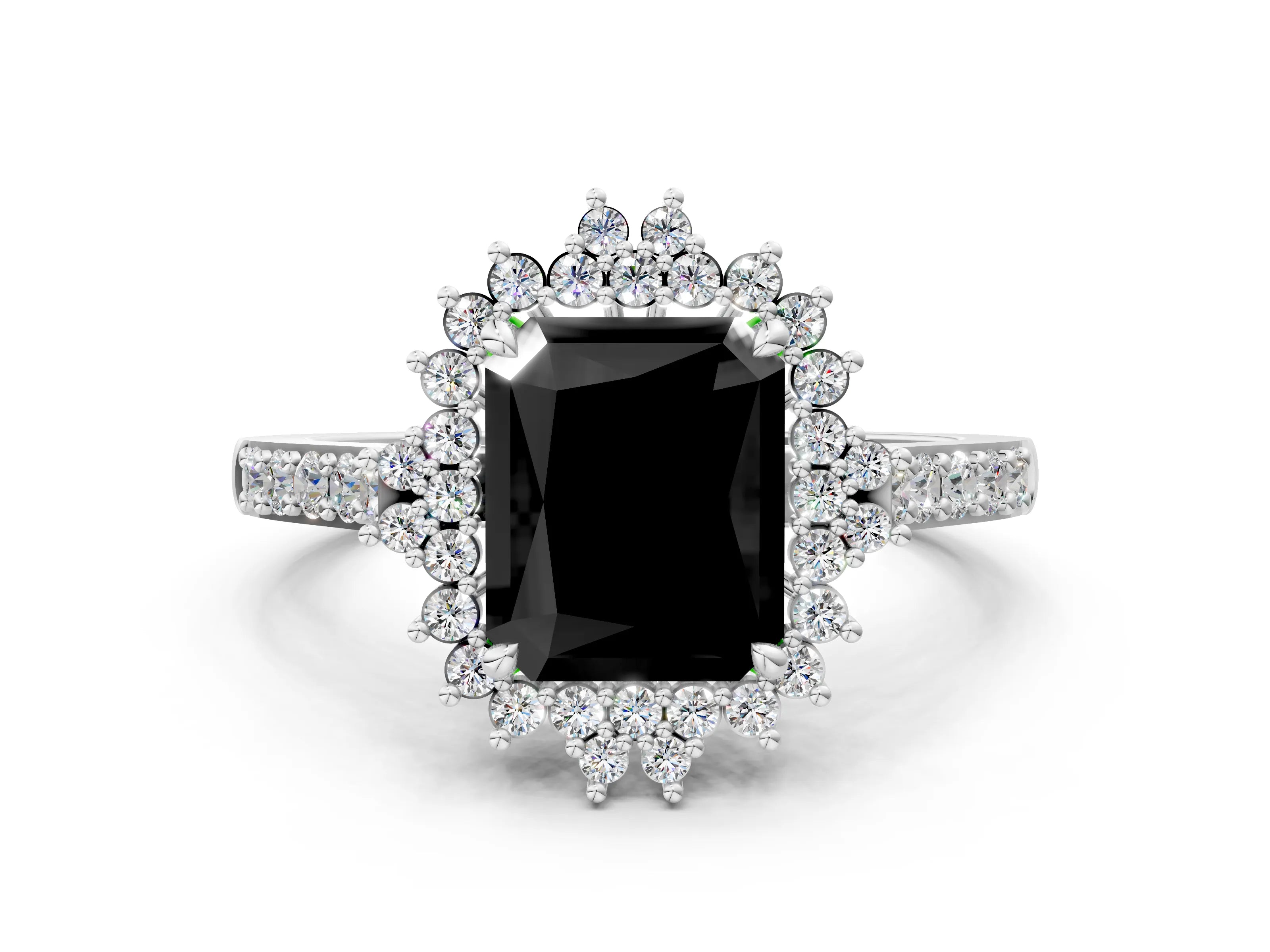 White gold Fancy Black Radiant Cut Cut Diamond Sunburst Halo Engagement Ring with Pavé Band_12