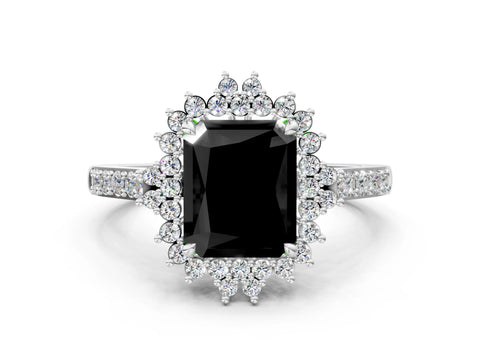White gold Fancy Black Radiant Cut Cut Diamond Sunburst Halo Engagement Ring with Pavé Band_12