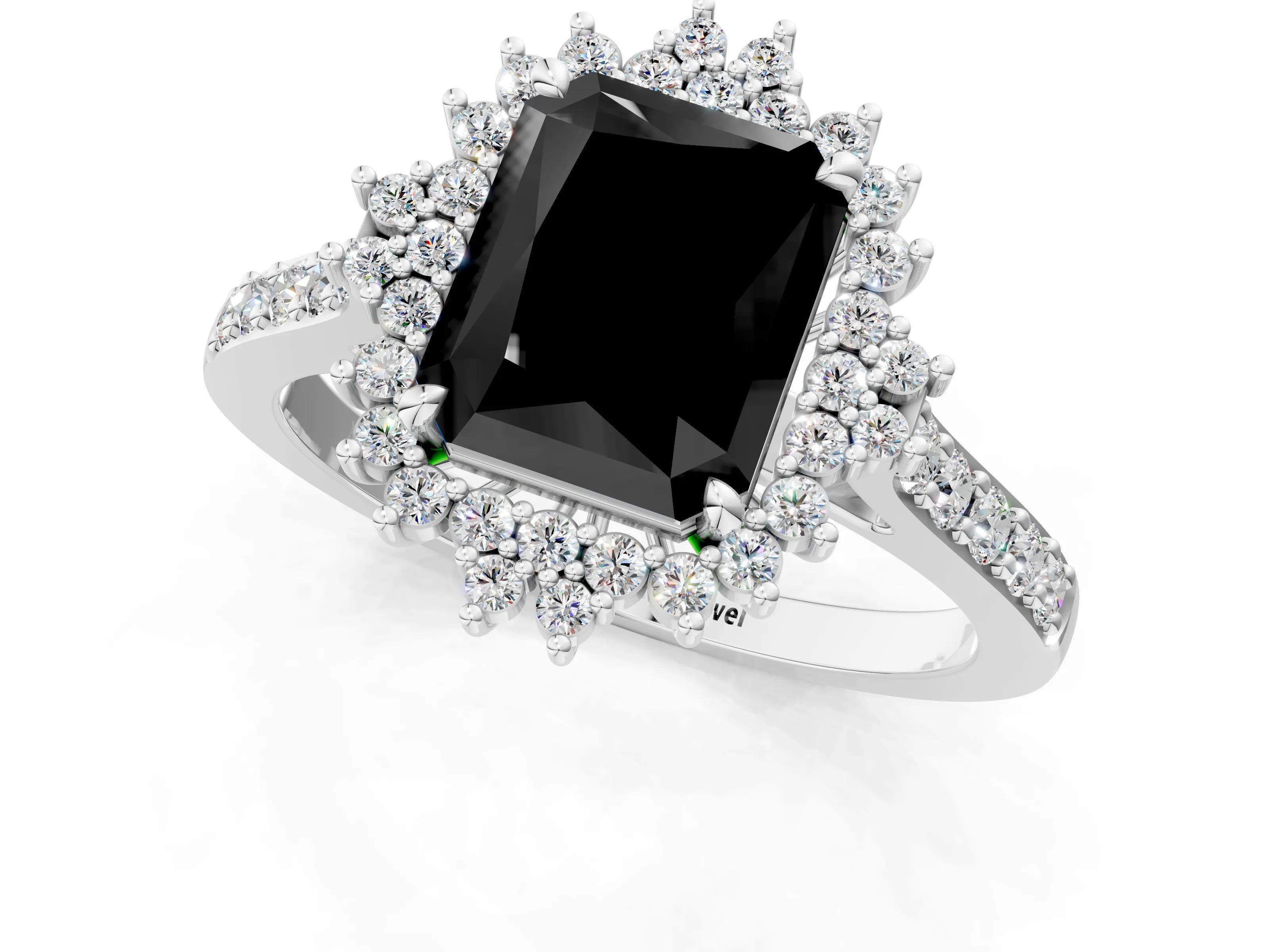White gold Fancy Black Radiant Cut Cut Diamond Sunburst Halo Engagement Ring with Pavé Band_13