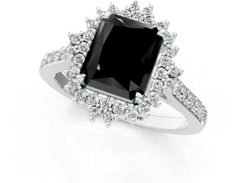 White gold Fancy Black Radiant Cut Cut Diamond Sunburst Halo Engagement Ring with Pavé Band_13